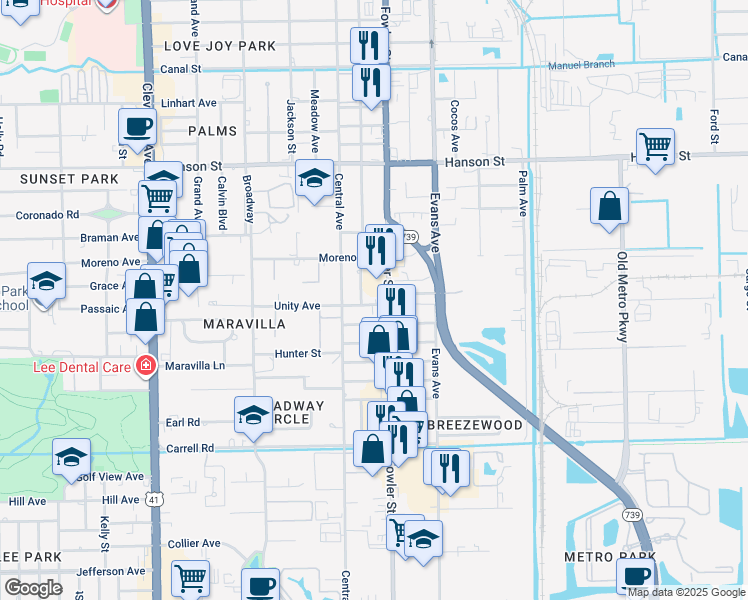 map of restaurants, bars, coffee shops, grocery stores, and more near 3278 Fowler Street in Fort Myers