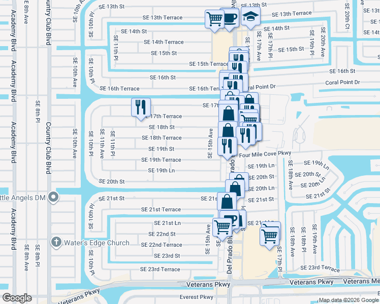 map of restaurants, bars, coffee shops, grocery stores, and more near 1424 Southeast 19th Street in Cape Coral