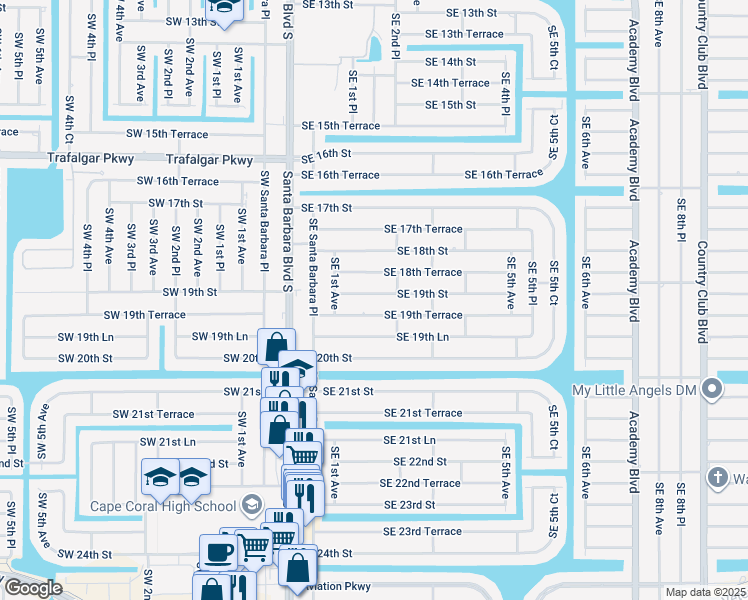 map of restaurants, bars, coffee shops, grocery stores, and more near 154 Southeast 19th Street in Cape Coral