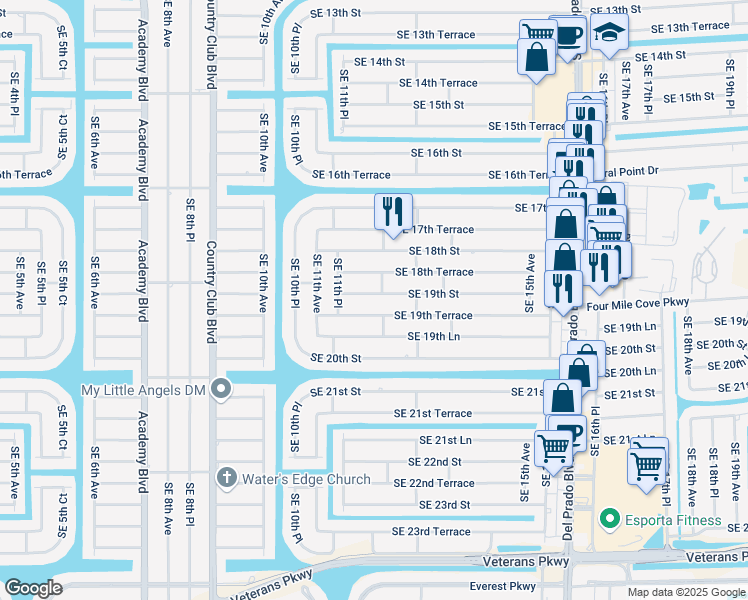 map of restaurants, bars, coffee shops, grocery stores, and more near 1126 Southeast 19th Street in Cape Coral