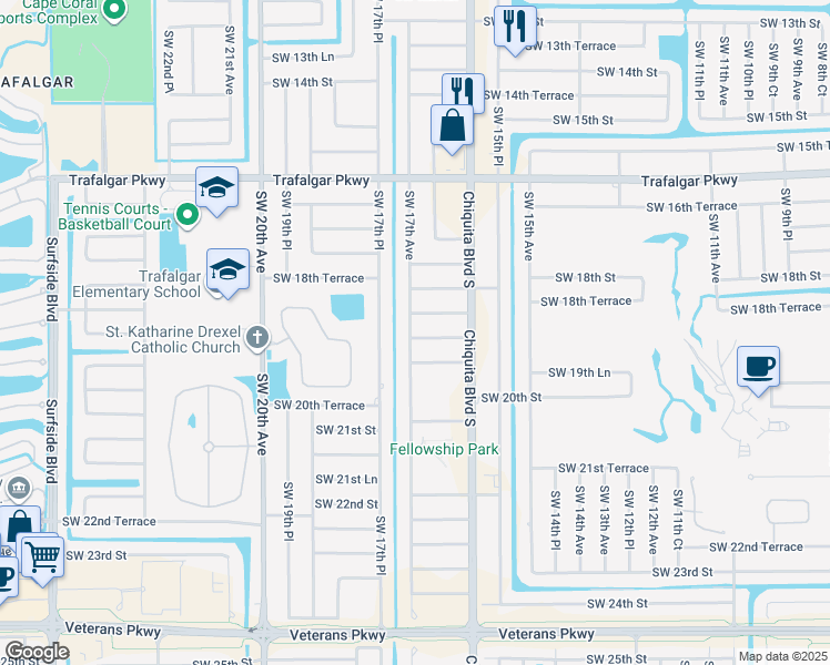 map of restaurants, bars, coffee shops, grocery stores, and more near 1631 Southwest 19th Terrace in Cape Coral