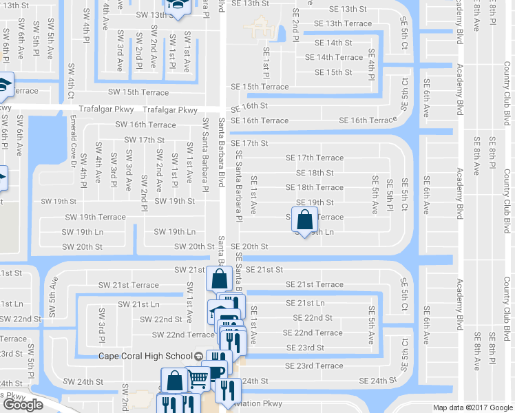 map of restaurants, bars, coffee shops, grocery stores, and more near 130 SE 19th St in Cape Coral