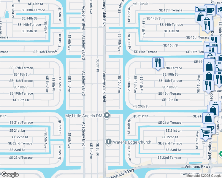 map of restaurants, bars, coffee shops, grocery stores, and more near 912 Southeast 19th Street in Cape Coral