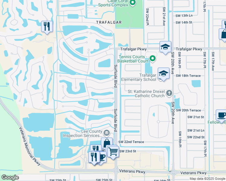 map of restaurants, bars, coffee shops, grocery stores, and more near 2462 Sutherland Court in Cape Coral