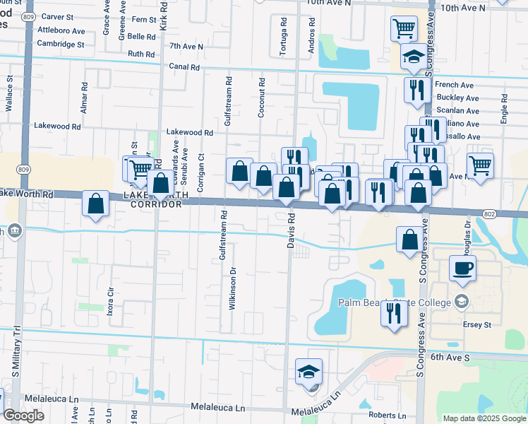 map of restaurants, bars, coffee shops, grocery stores, and more near 3580 Lake Worth Road in Palm Springs