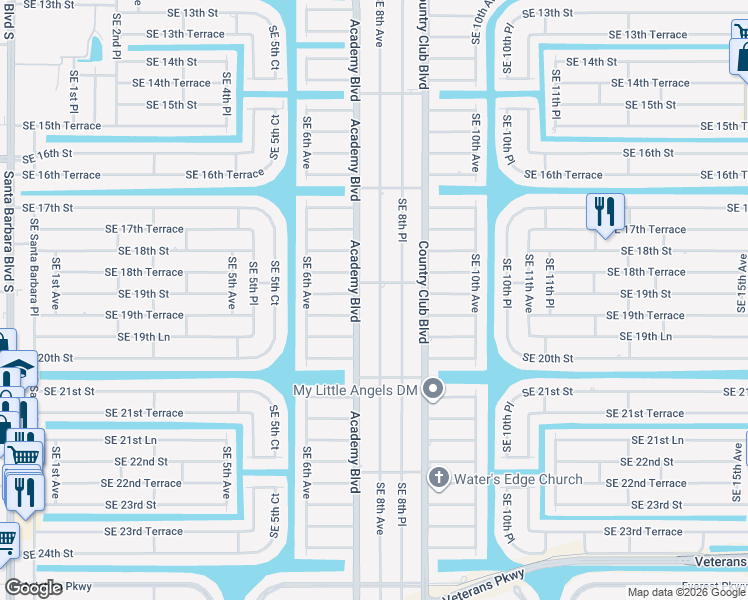 map of restaurants, bars, coffee shops, grocery stores, and more near 1906 Southeast 8th Avenue in Cape Coral