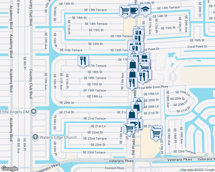 map of restaurants, bars, coffee shops, grocery stores, and more near 1424 Southeast 19th Street in Cape Coral