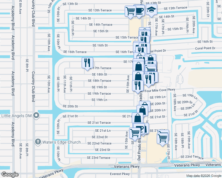 map of restaurants, bars, coffee shops, grocery stores, and more near 1424 Southeast 19th Street in Cape Coral