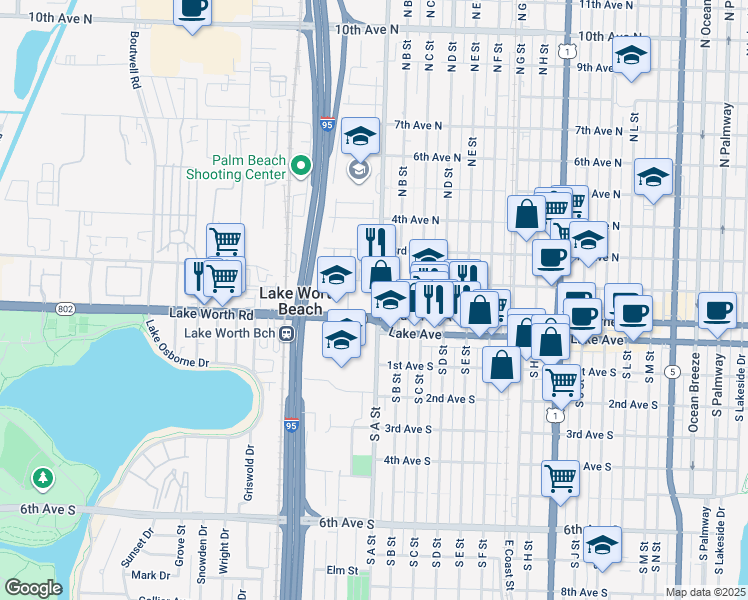 map of restaurants, bars, coffee shops, grocery stores, and more near 119 North A Street in Lake Worth