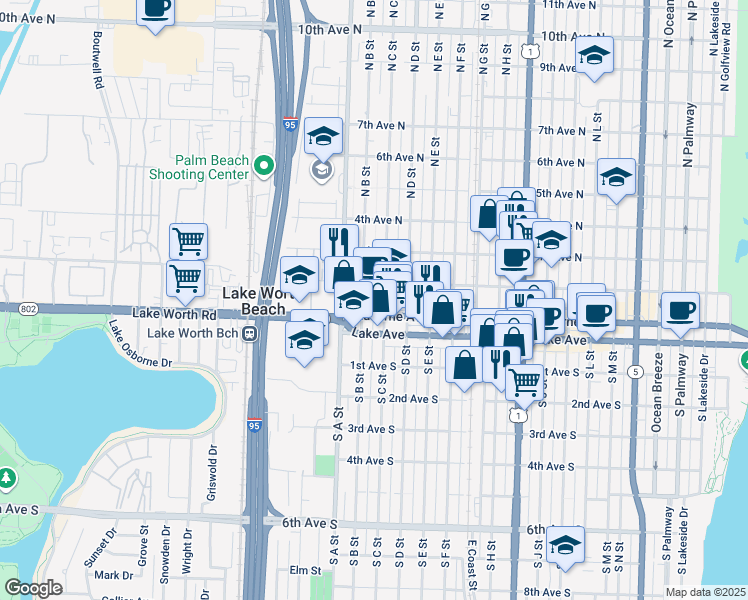 map of restaurants, bars, coffee shops, grocery stores, and more near in Lake Worth