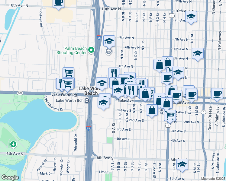 map of restaurants, bars, coffee shops, grocery stores, and more near 119 North A Street in Lake Worth
