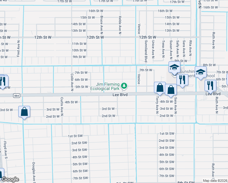 map of restaurants, bars, coffee shops, grocery stores, and more near 3720 Lee Boulevard in Lehigh Acres