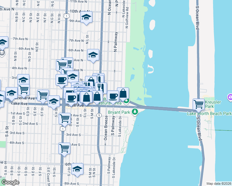 map of restaurants, bars, coffee shops, grocery stores, and more near 127 North Palmway in Lake Worth