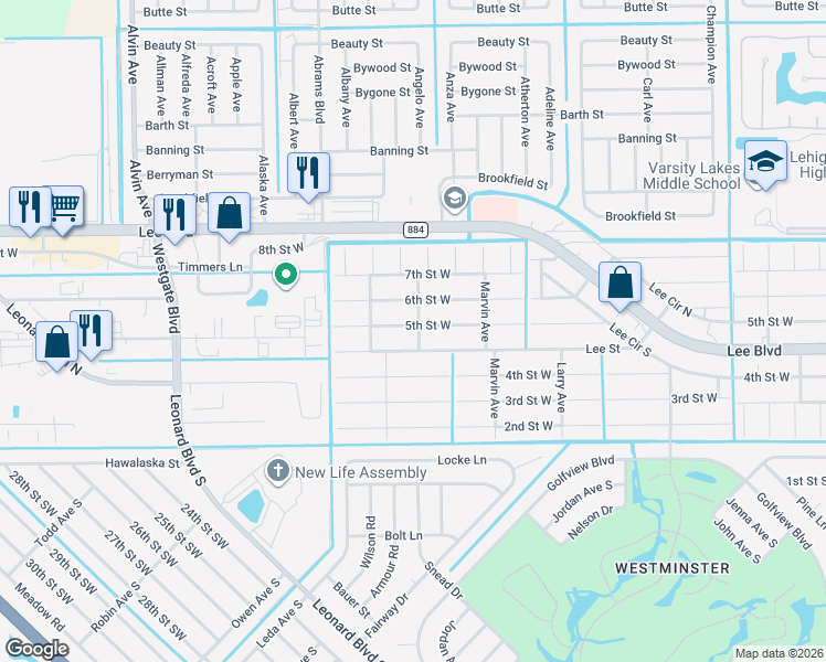map of restaurants, bars, coffee shops, grocery stores, and more near 5301 5th Street West in Lehigh Acres