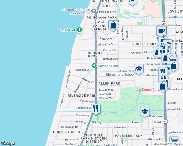 map of restaurants, bars, coffee shops, grocery stores, and more near 3235 Avocado Drive in Fort Myers