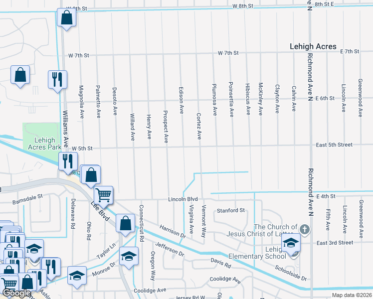 map of restaurants, bars, coffee shops, grocery stores, and more near 307 West 5th Street in Lehigh Acres