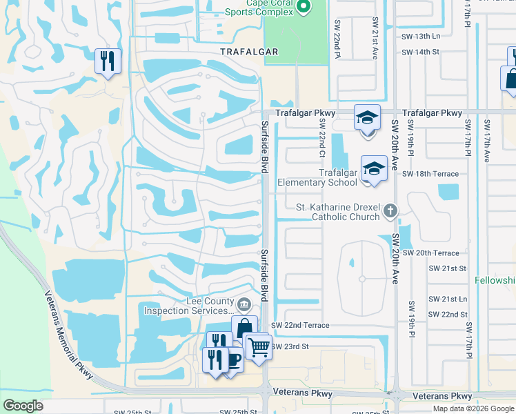 map of restaurants, bars, coffee shops, grocery stores, and more near 2462 Sutherland Court in Cape Coral