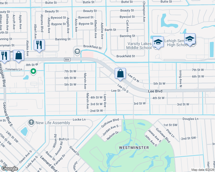 map of restaurants, bars, coffee shops, grocery stores, and more near 5111 5th Street West in Lehigh Acres