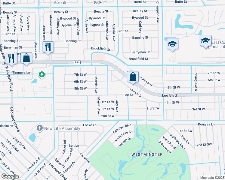 map of restaurants, bars, coffee shops, grocery stores, and more near 5123 5th Street West in Lehigh Acres