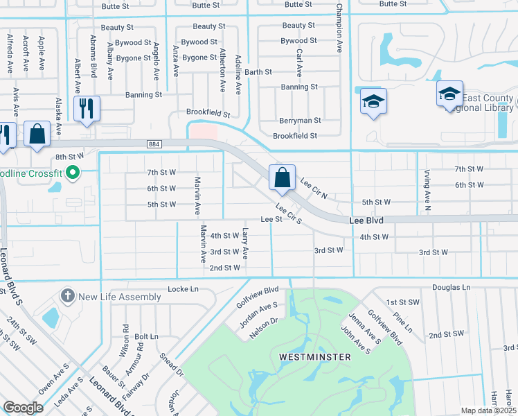 map of restaurants, bars, coffee shops, grocery stores, and more near 5111 5th Street West in Lehigh Acres