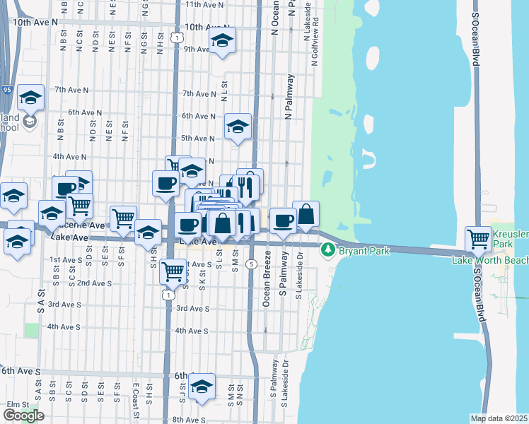 map of restaurants, bars, coffee shops, grocery stores, and more near 125 North O Street in Lake Worth