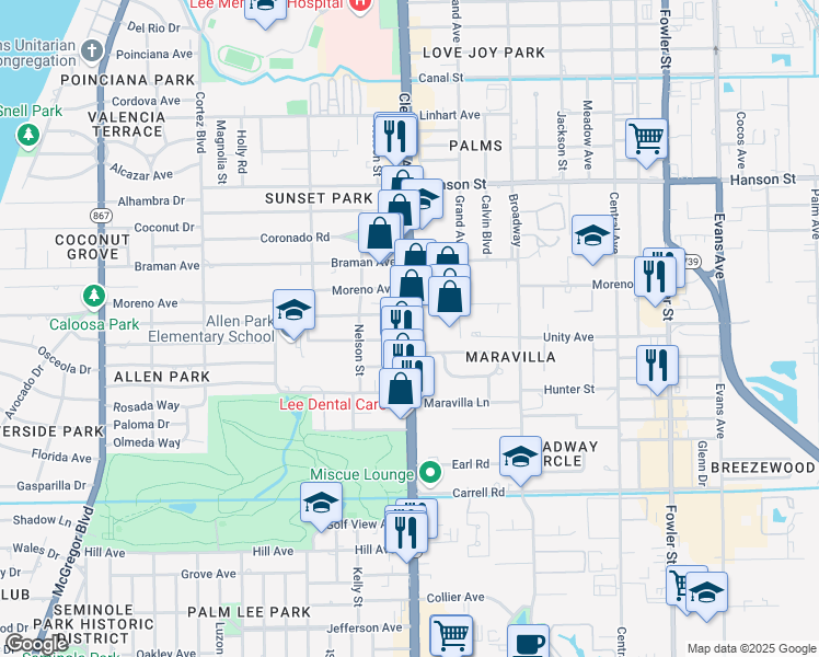 map of restaurants, bars, coffee shops, grocery stores, and more near 3285 Cleveland Ave in Fort Myers