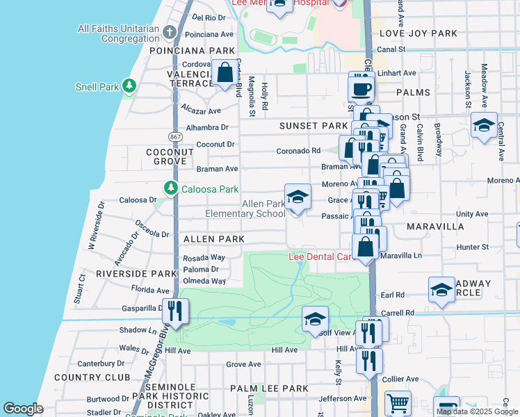 map of restaurants, bars, coffee shops, grocery stores, and more near 1634 Grace Avenue in Fort Myers