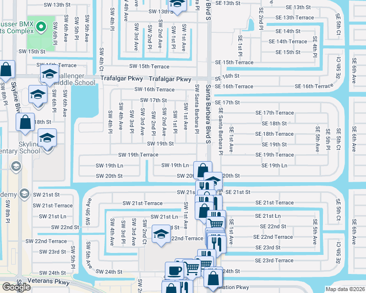 map of restaurants, bars, coffee shops, grocery stores, and more near 104 Southwest 19th Street in Cape Coral
