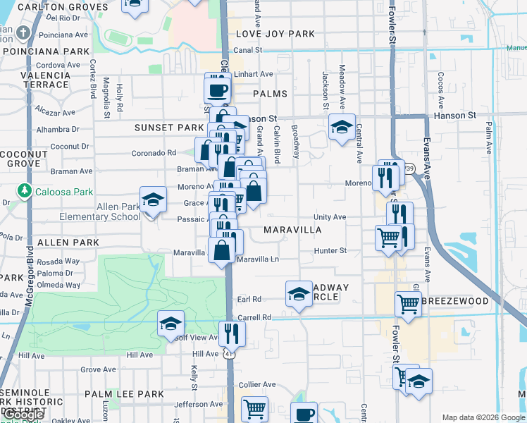 map of restaurants, bars, coffee shops, grocery stores, and more near 2107 Unity Avenue in Fort Myers