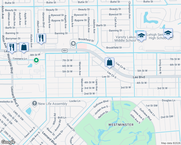 map of restaurants, bars, coffee shops, grocery stores, and more near 5123 5th Street West in Lehigh Acres