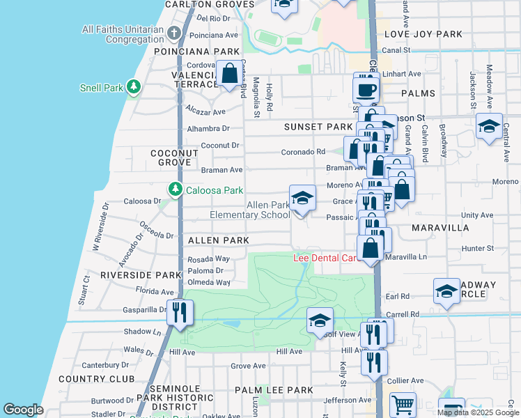 map of restaurants, bars, coffee shops, grocery stores, and more near 1634 Grace Avenue in Fort Myers
