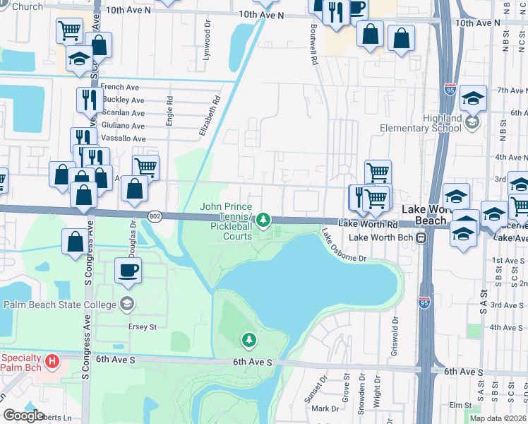 map of restaurants, bars, coffee shops, grocery stores, and more near 3960 August Drive in Lake Worth