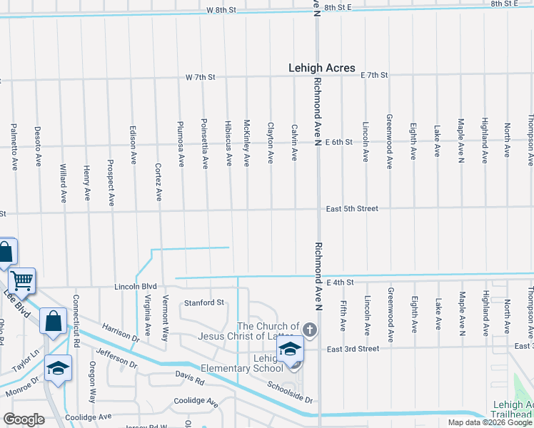 map of restaurants, bars, coffee shops, grocery stores, and more near 421 Clayton Avenue in Lehigh Acres