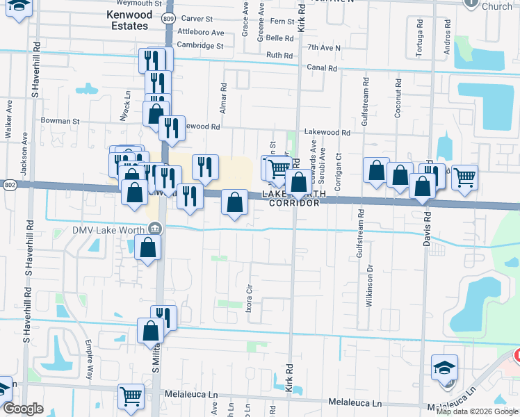 map of restaurants, bars, coffee shops, grocery stores, and more near 4020b Cooley Court in Lake Worth
