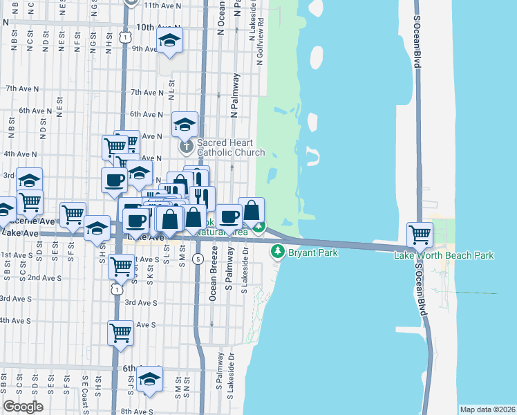 map of restaurants, bars, coffee shops, grocery stores, and more near 130 North Lakeside Drive in Lake Worth