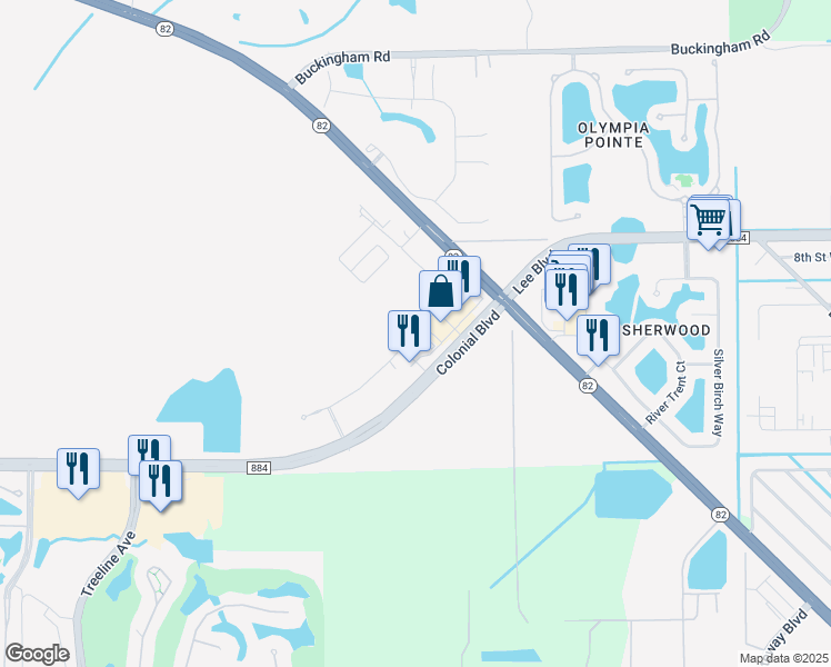 map of restaurants, bars, coffee shops, grocery stores, and more near 11031 Colonial Boulevard in Fort Myers