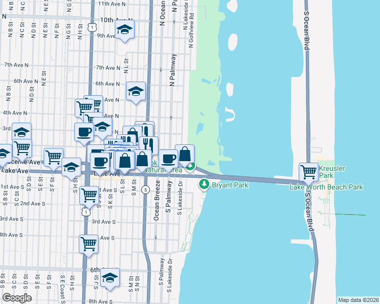 map of restaurants, bars, coffee shops, grocery stores, and more near 130 North Lakeside Drive in Lake Worth
