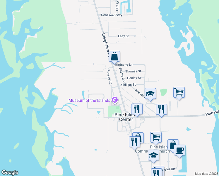 map of restaurants, bars, coffee shops, grocery stores, and more near 10805 Russell Road in Bokeelia