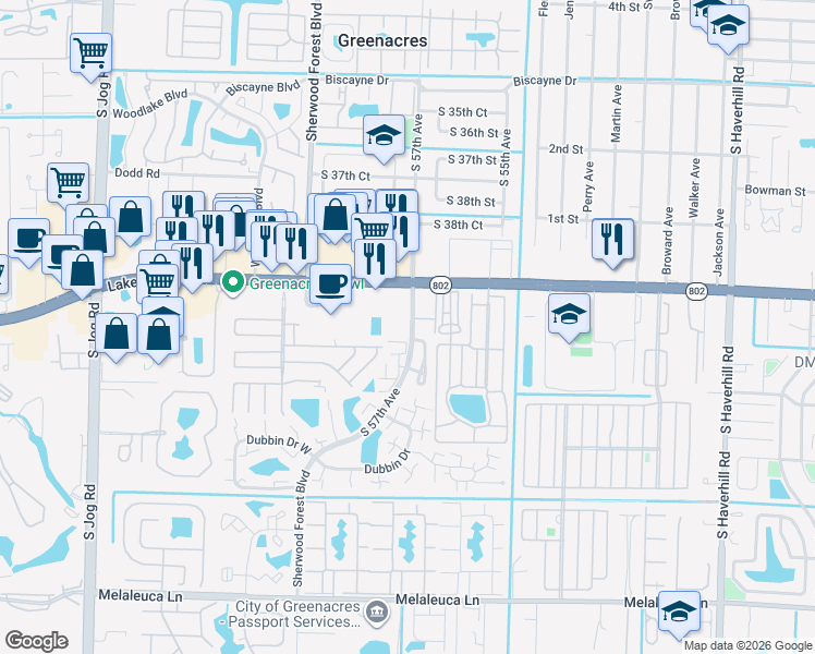 map of restaurants, bars, coffee shops, grocery stores, and more near 4020 South 57th Avenue in Greenacres