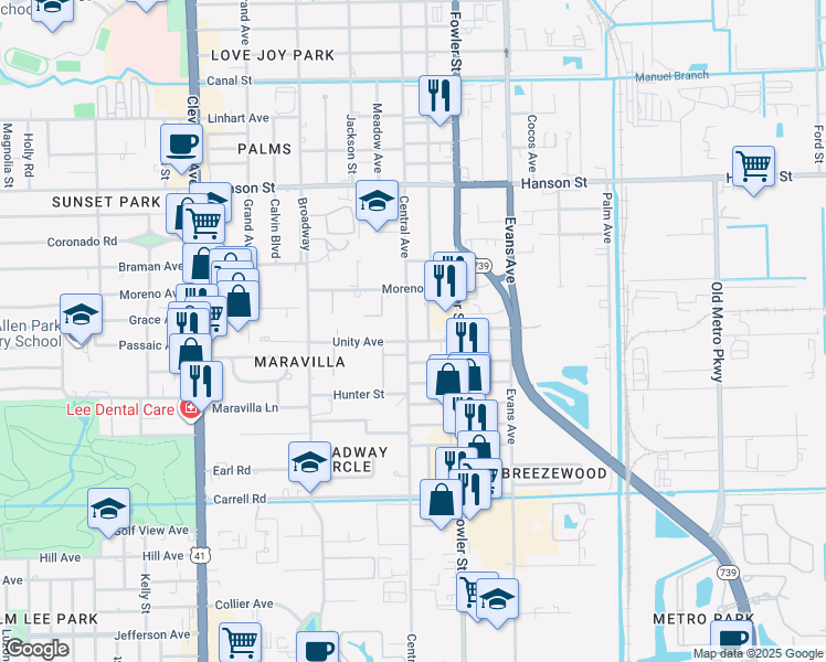 map of restaurants, bars, coffee shops, grocery stores, and more near 3265 Central Avenue in Fort Myers