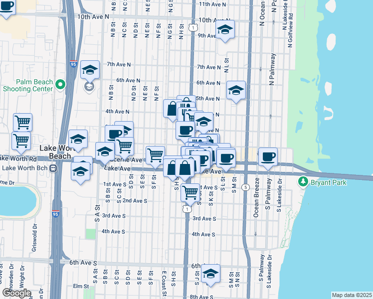 map of restaurants, bars, coffee shops, grocery stores, and more near in Lake Worth