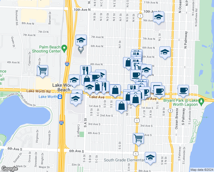 map of restaurants, bars, coffee shops, grocery stores, and more near 120 North D Street in Lake Worth