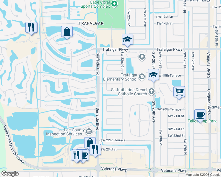 map of restaurants, bars, coffee shops, grocery stores, and more near 2321 Southwest 19th Street in Cape Coral