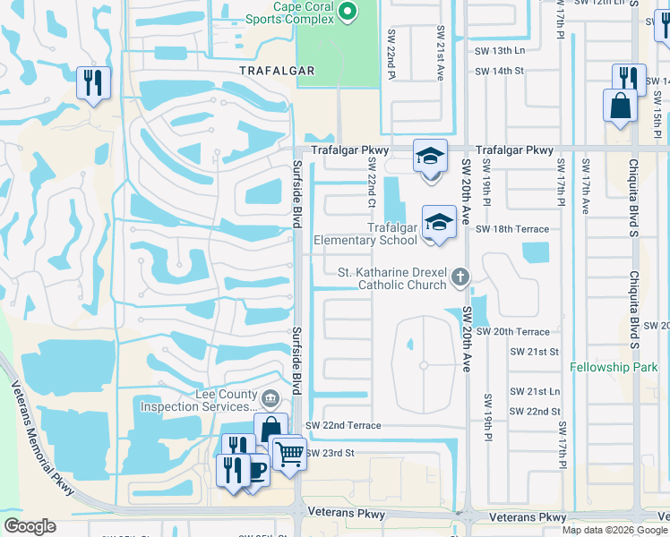 map of restaurants, bars, coffee shops, grocery stores, and more near 2321 Southwest 19th Street in Cape Coral