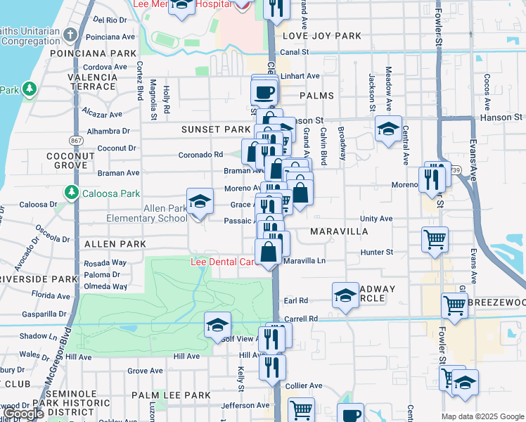 map of restaurants, bars, coffee shops, grocery stores, and more near 1942 Grace Avenue in Fort Myers