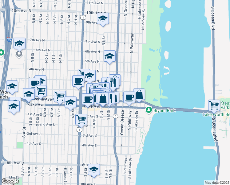 map of restaurants, bars, coffee shops, grocery stores, and more near 125 North O Street in Lake Worth