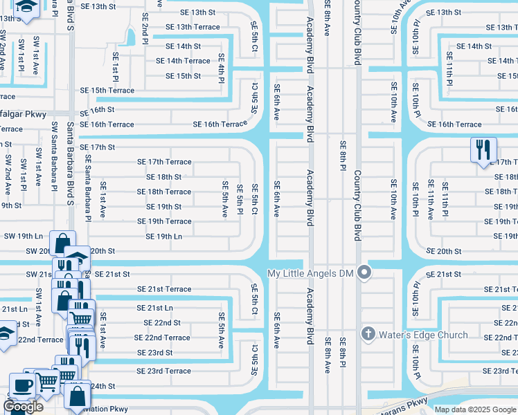 map of restaurants, bars, coffee shops, grocery stores, and more near 1901 Southeast 5th Court in Cape Coral