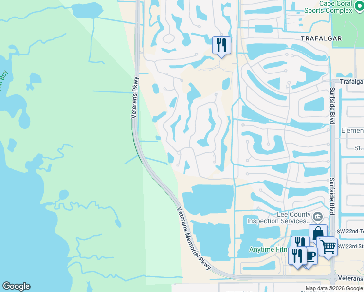 map of restaurants, bars, coffee shops, grocery stores, and more near 11672 Royal Tee Circle in Cape Coral