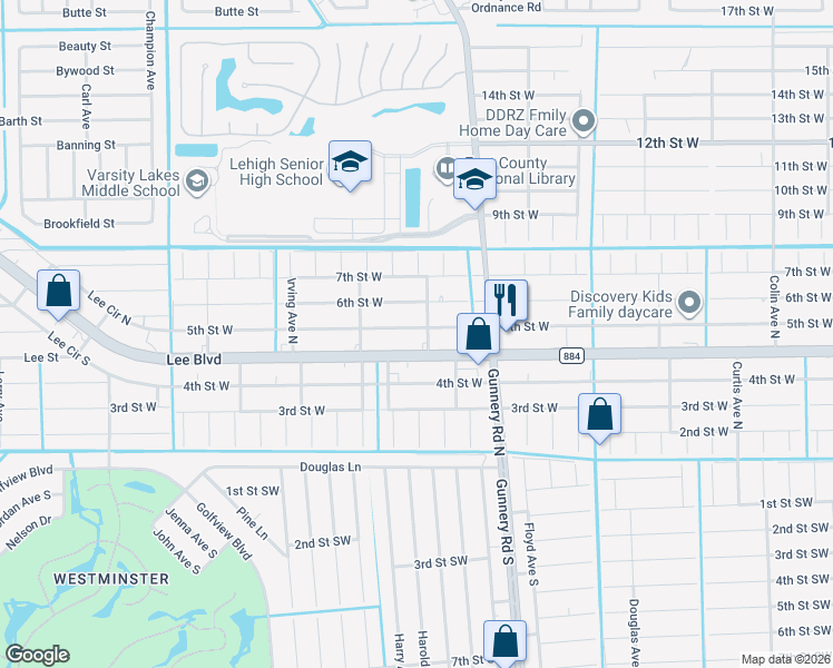 map of restaurants, bars, coffee shops, grocery stores, and more near 4415 5th Street West in Lehigh Acres