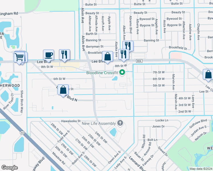 map of restaurants, bars, coffee shops, grocery stores, and more near 5485 Lee Street in Lehigh Acres